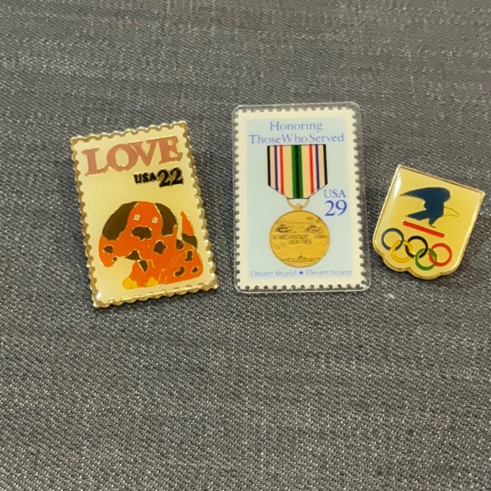 Vintage lapel stamp pins (2) & US post office USPS Olympic lapel pin